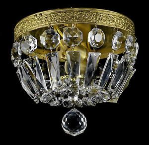 Antique French Vintage Flush Mount Bronze Brass Crystal Glass Chandelier Old