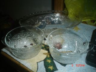2 Anchor Hocking Clear Depression Sandwich Glass Cups Matching Glass Bowl