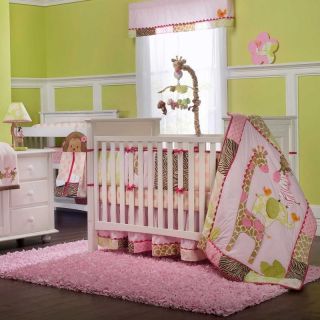 Pink Jungle Animal Print Baby Girl Nursery 4P Crib Bedding Set w Giraffe Zebra