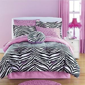 8PC Queen Zebra Print Pink Jungle Animal Set Comforter Sheets Bed in A Bag Dorm