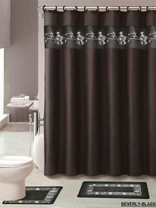 4pc Bathroom Rug Set Black Embroidered Flower Bath Fabric Shower Curtain Mat