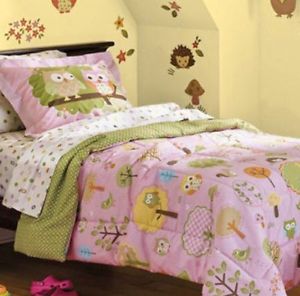 Pink Green Yellow Hoot Owl Girls Twin Single Comforter Set 5 Piece Bed in A Bag