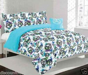 Girls Comforter Set Blue Purple Peace Signs Kate Bed in A Bag Twin Full