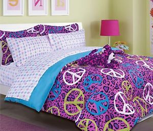Annie Leopard Peace Sign Bed in A Bag Bedding Comforter Set Purple