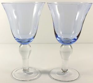 Set of Vintage Blue Crystal Wine Glasses Water Goblets Stemware Pair