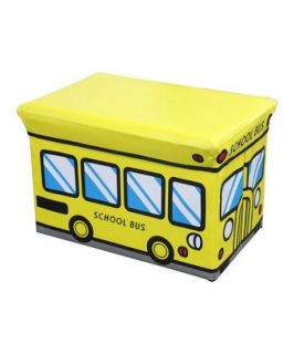 Yellow School Bus Folding Storage Bin Bench Cushion Top Kids Child Toy Box Stool