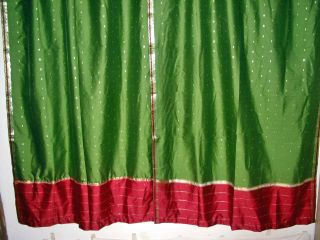2 Green Silk Sari Curtain India Drapes Panel Window Curtain Saree 84"X44"