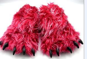 Monster Long Hair Red Big Foot Bear Animal Plush Claw Paw Slippers Adult