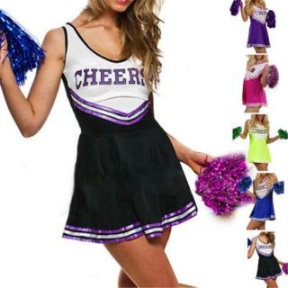 High School Cheer Leader Leading Girl Fancy Dress Costume Outfit Pom Poms