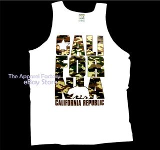 New Men's California Republic Camouflage White Tank Top Camo Cali Bear T Shirt