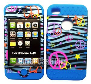 Peace Signs Blue Zebra Print Case 2 in 1 Cover for Apple iPhone 4 4S Accessory