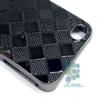 Black Check Checker Glossy Texture PU Leather Chrome Hard Case Cover iPhone 4 4S