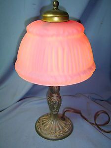 Victorian Style Boudoir Electric Table Lamp Rose Colored Pleated Glass Shade