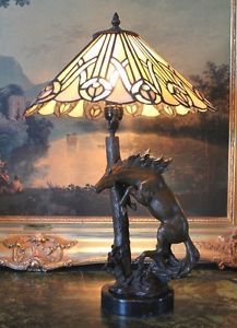 Thoroughbred Horse Table Lamp Bronze Marble Statue Tiffany Art Glass Shade Gift