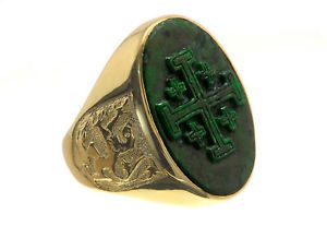 Jade Jerusalem Cross Sculpted Gold Plated Silver Ring