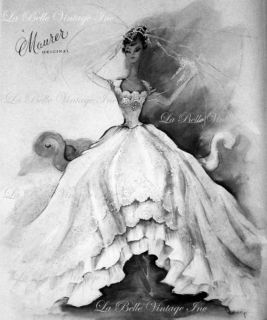 Vintage 40s Off Shoulder Ivory Lace Maurer Original Trained Wedding Dress s M