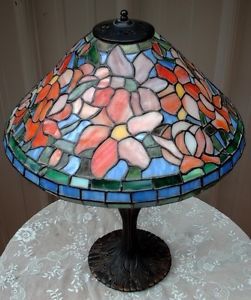 Older Tiffany Style Stained Glass Lamp Colorful Floral Flower Shade Ornate Base