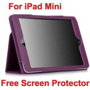 New Purple Apple iPad Mini Leather Filp Case Cover w Stand Screen Protector