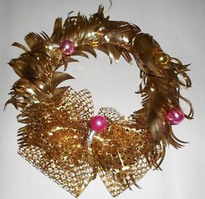 VINTAGE RETRO CHRISTMAS TREE DECOR ALUMINUM FOIL WREATH PINK GOLD ORNAMENTS OLD
