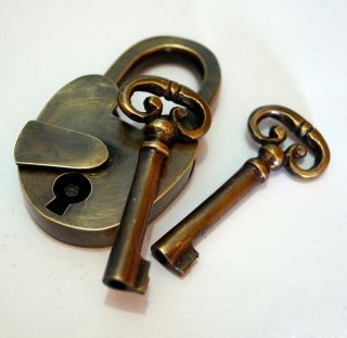 Set of Antique Vintage Brass Old Padlock with Skeleton Key Lock Unused Working