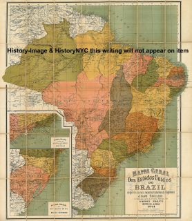 1891 Large Colorful Wall Map Brazil Mapa do Brasil