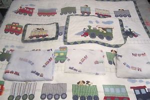 Boys Pottery Barn Kids Trains Dogs Twin Quilt Sheets Shams Bedding Set