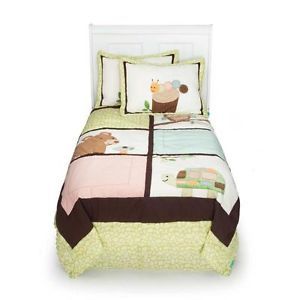 Brown Bear and Owl 4P Full Size Green Kids Quilt Bedding Set w Dust Ruffle