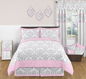 Sweet JoJo Designs Pink Gray Damask Girls Kids Teens Full Queen Grey Bedding Set
