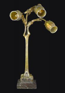 19th Century Art Nouveau Bronze Lamp Base w Three 3 Tiffany Art Glass Shades