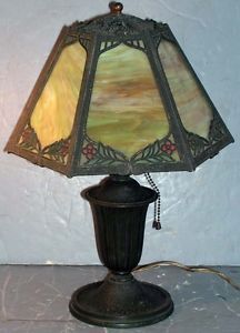 Antique Miller Victorian Slag Glass Panel Floral Metal Shade Lamp Urn Vase Base