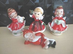 3 Vintage Lefton Japan Red Christmas Angels Gnome Pixie Figurines Xmas