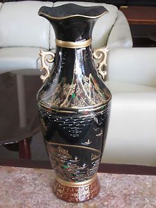 New Oriental Chinese Village Landscape Scene Vase Decor Black 24" Scalloped Top