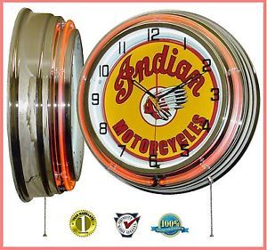 19 inch "Indian Motorcycles" Tin Sign Orange Double Neon Clock