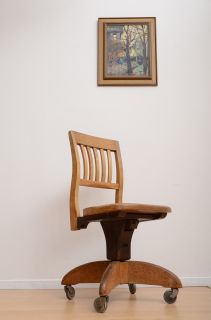 Art Deco Industrial Maple Oak Wood Office Chair Original Vintage Metal Casters