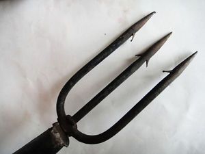 Antique 54"Farm Tool Wrought Iron 3 Prong SM Spear Wood Handle Hay Fish Hunting