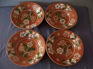 Soup Bowls Set 4 Rimmed Ceramic Pottery Glazed Terracotta Hand Painted Hungary