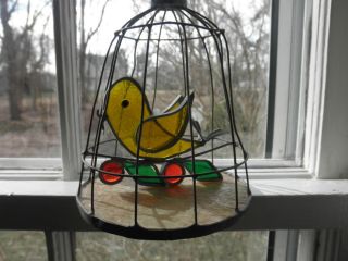 Vtg Stained Glass Window Sun Catcher Canary Yellow Bird Cage Hanging Suncatcher