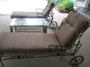 Patio Furniture Set of 2 Black Wrought Iron Lounge Chairs on Wheels