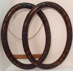 Two Antique Victorian Wooden Carved Oval Picture Frames Ornate Tiger Wood Frame