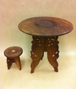 Vintage India Wood Folding Table Plant Stand End Table Hand Carved Set of 2