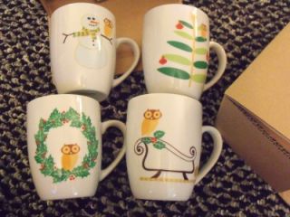 New Rachael Ray 4 Piece Porcelain Christmas Holiday Hoot Owl Owls Mug Mugs Set