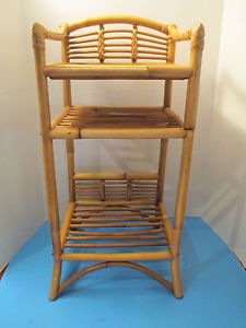 Vintage Wicker Rattan Bamboo End Table Towel Plant Night Stand 3 Shelves