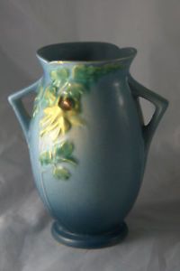 Roseville Pottery Blue Columbine Double Handle Vase 17 7