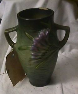 Vintage Roseville Pottery Fressia Vase Green Two Handle