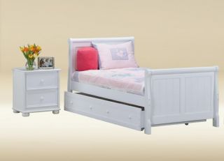 Sleigh White Finish Wood Twin Bed w Under Bed Trundle