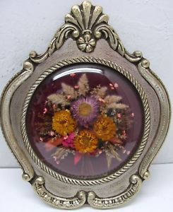 Stunning Vintage Dried Flowers Art Bouquet in Italian Convex Glass Gilded Frame