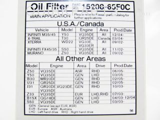 Nissan Oil Filters Set of 6 Genuine Factory New 15208 65F0C