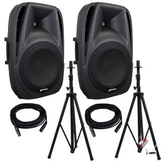 2 Gemini ES 15P 15" Active 800W Powered PA Speakers 2 Stands 2 Cables