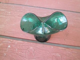 Blenko Hand Blown Pinched Crackle Art Glass Green Bud Flower Vase Holder