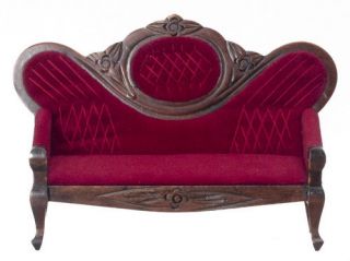 Doll House Mini Victorian Burgundy Red Sofa Settee Caoch Carved